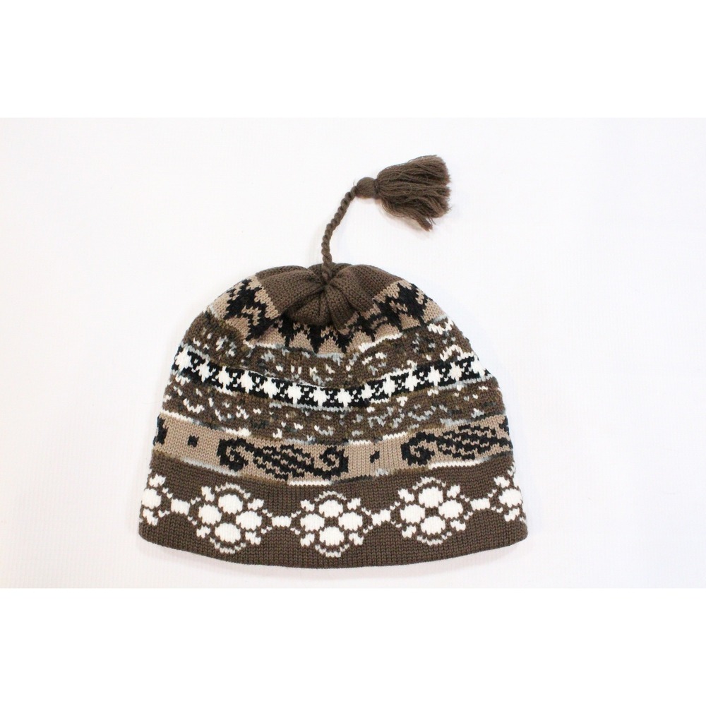 LL Bean Womens Wool Fair Isle Beanie Fleece Lined Tassel Hat Brown 0JWK8 OSFA